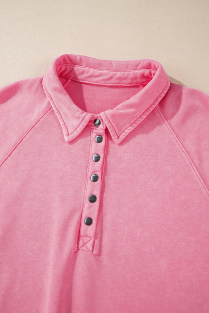 Pink Solid Snap Buttons Collared Balloon Sleeve Oversized Sweatshirt