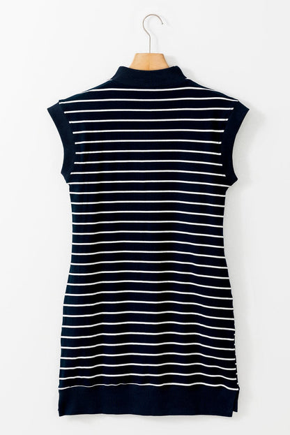 Slit Striped Collared Neck Cap Sleeve Mini Dress.