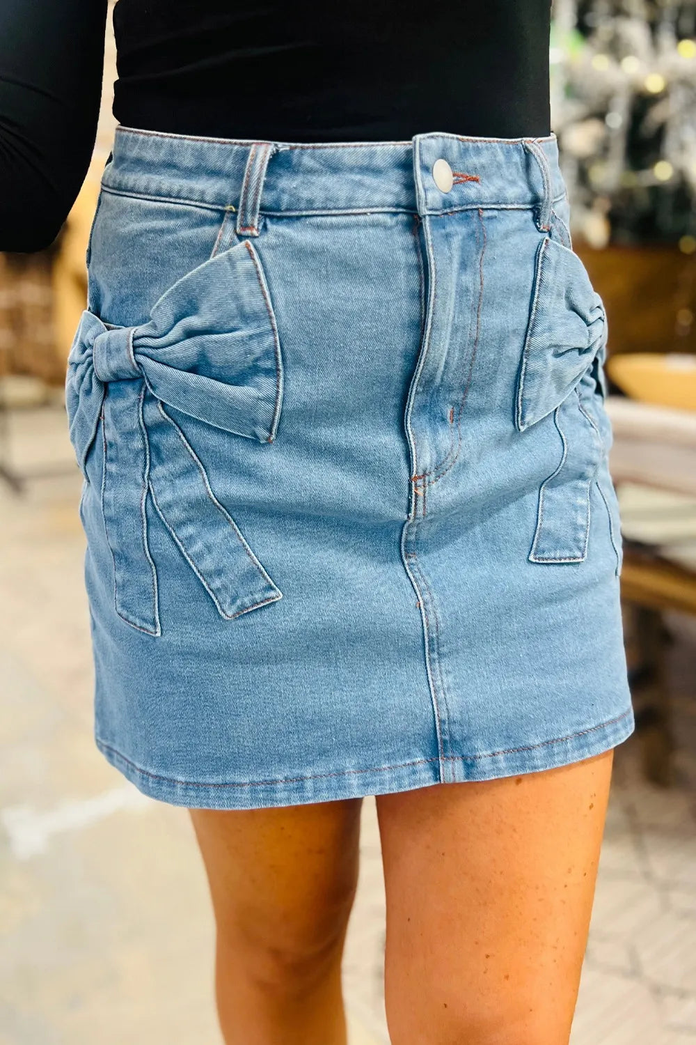 Acid Wash Bowknot Details High Waist Denim Skirt - Main product image by Simply Love