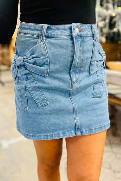 Acid Wash Bowknot Details High Waist Denim Skirt - Main product image by Simply Love