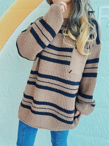 Cozy striped long sleeve sweater with pockets