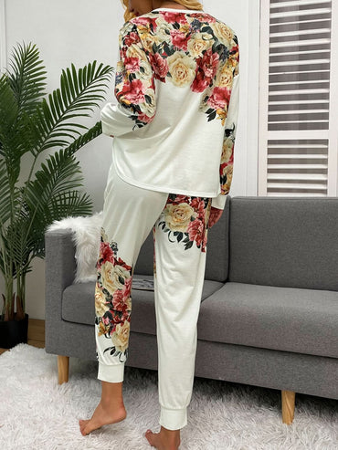 Lustrous Print Lounge Set with Round Neck Top and Drawstring Pants