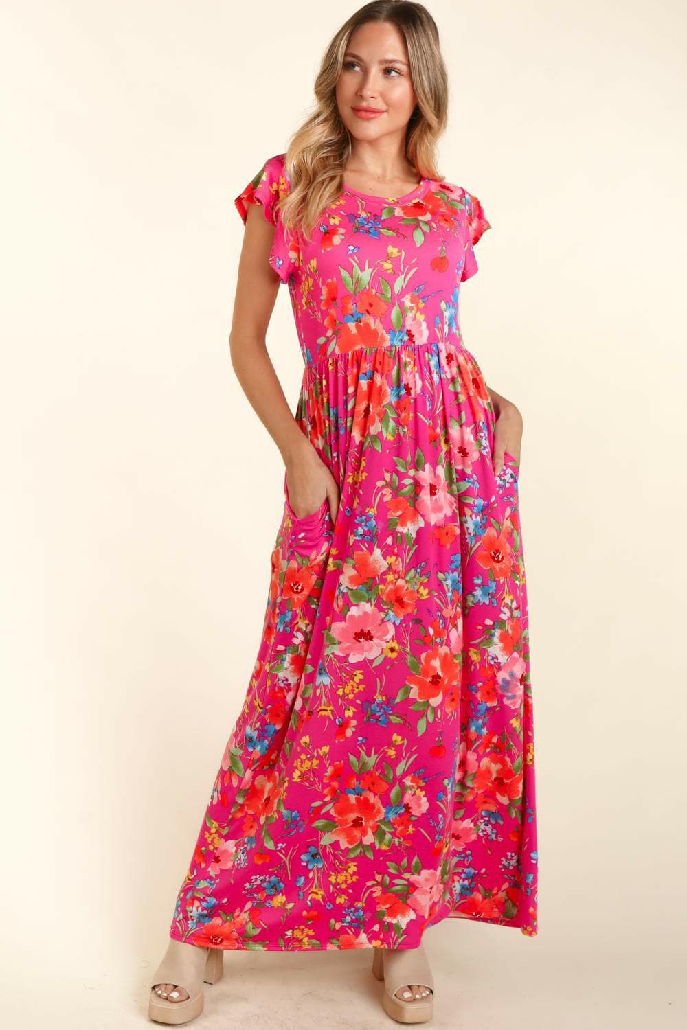 Haptics Floral Ruffled Round Neck Cap Sleeve Dress.