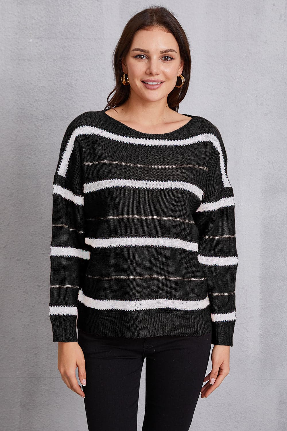 Striped Round Neck Dropped Shoulder Sweater.