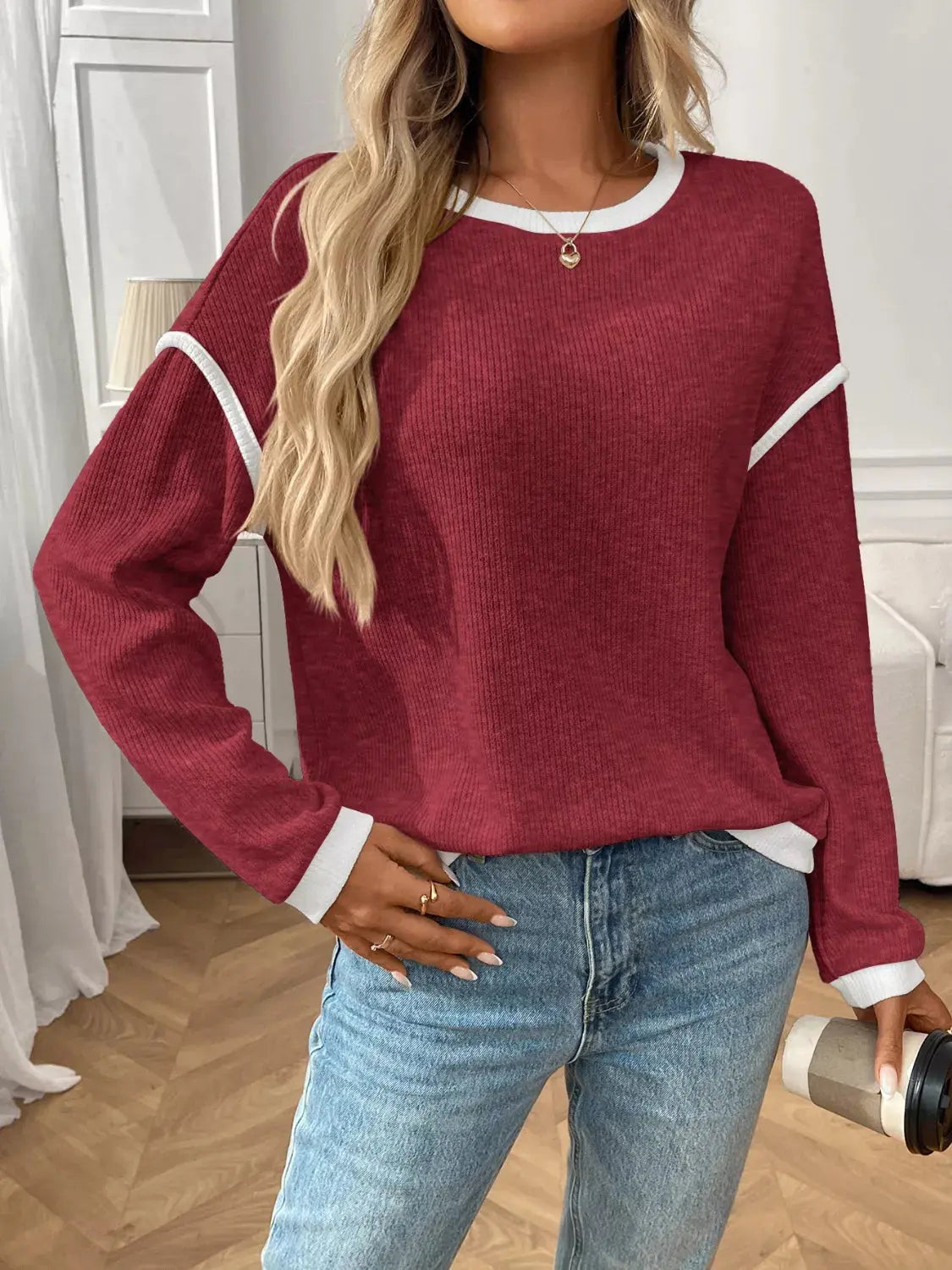 Ribbed Knit Contrast Trim Sweater Simply Love