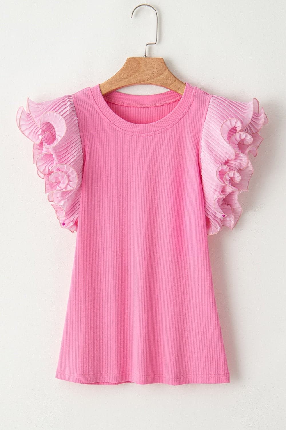 Ruffled Round Neck Cap Sleeve Top.