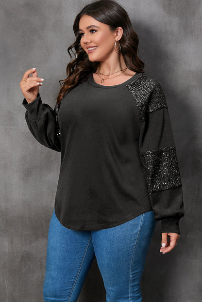 Glamorous black plus size sequin patchwork long sleeve top