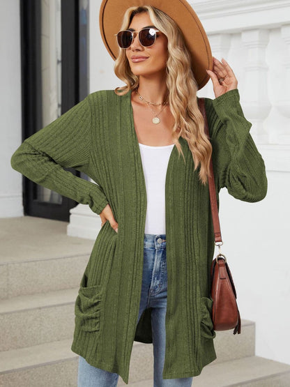 Pocketed Open Front Long Sleeve Cardigan.