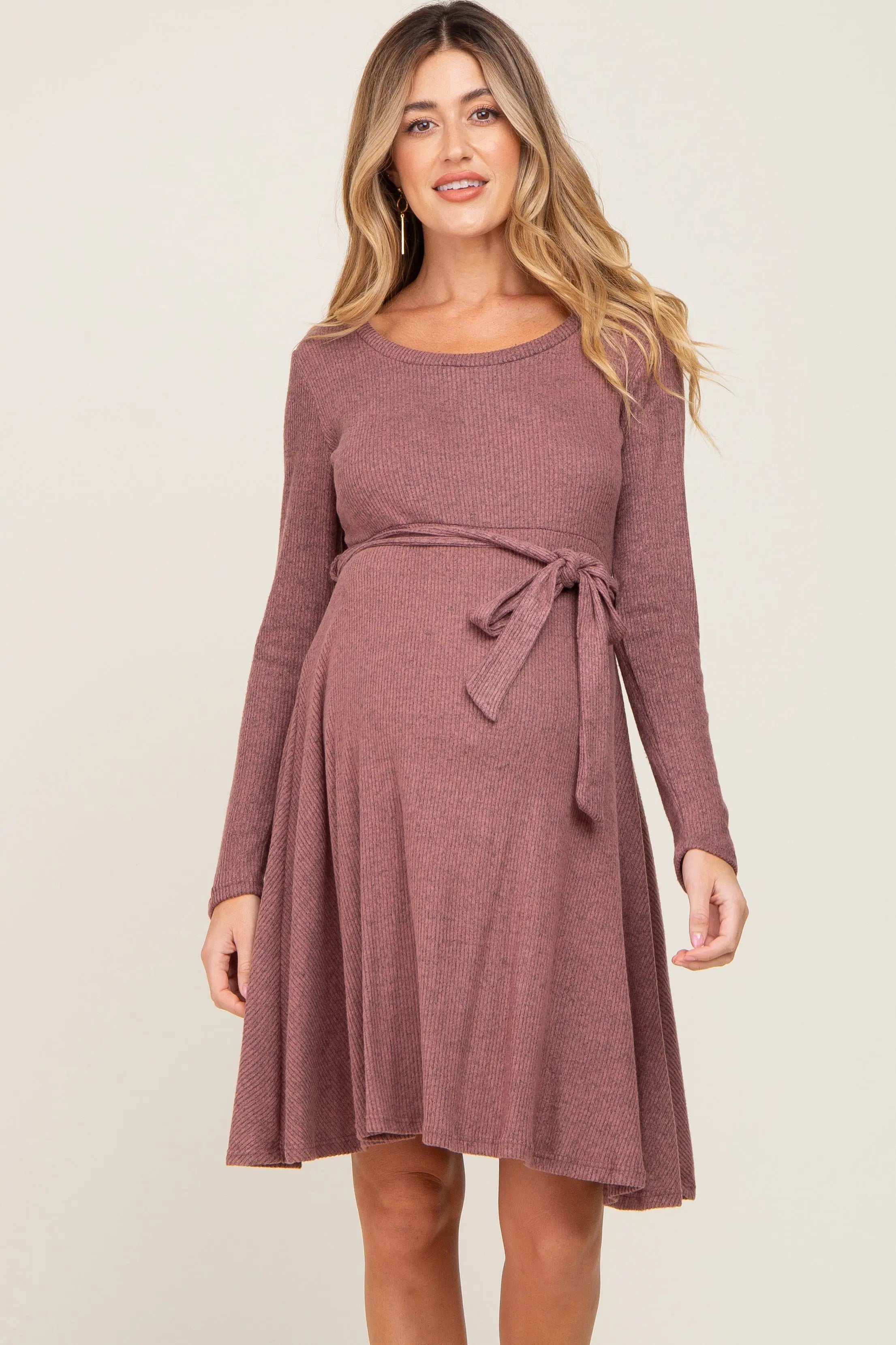 Mauve Soft Rib Knit Sash Tie Maternity Dress PinkBlush
