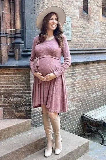 Mauve Soft Rib Knit Sash Tie Maternity Dress PinkBlush