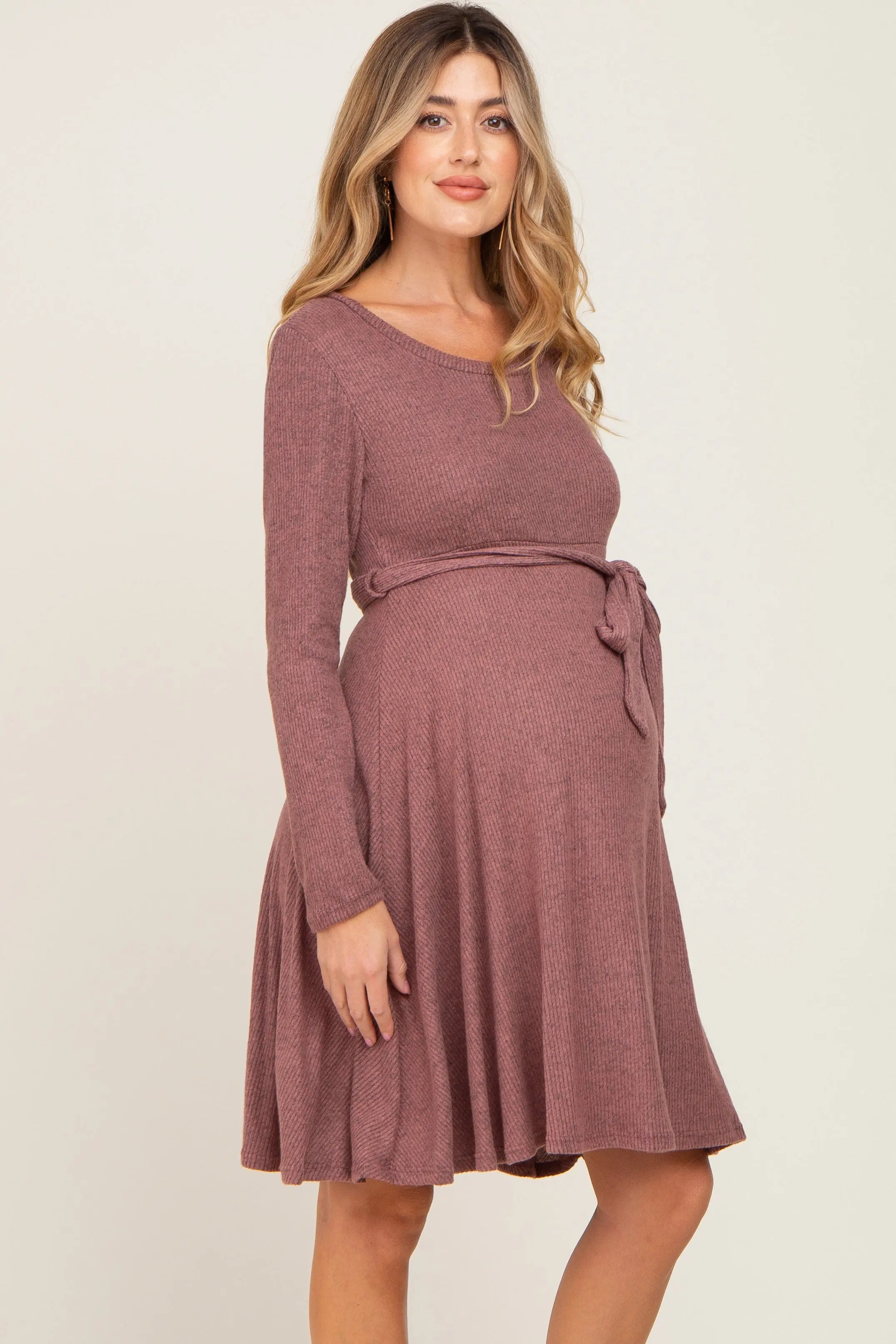 Mauve Soft Rib Knit Sash Tie Maternity Dress PinkBlush