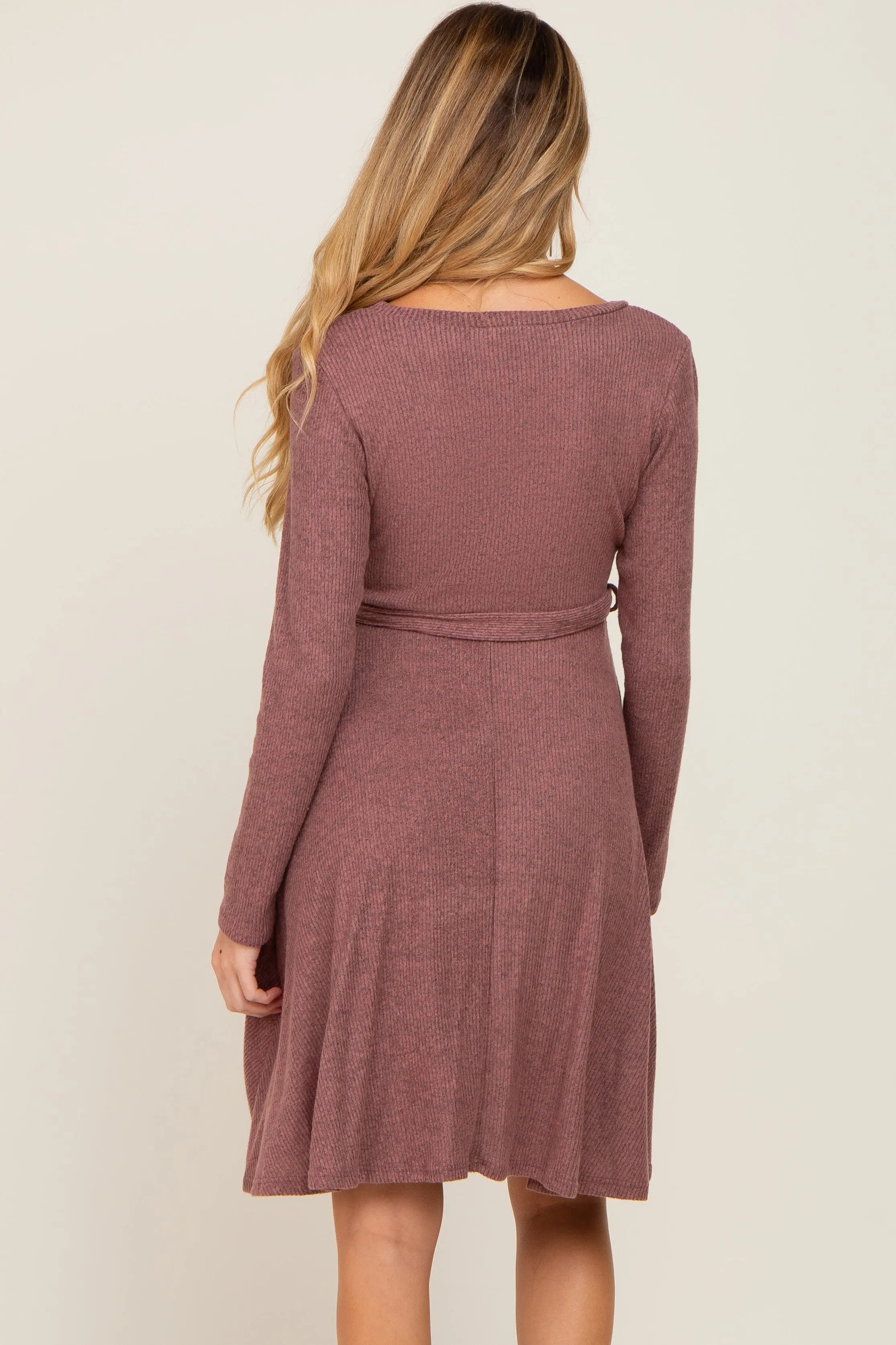 Mauve Soft Rib Knit Sash Tie Maternity Dress PinkBlush
