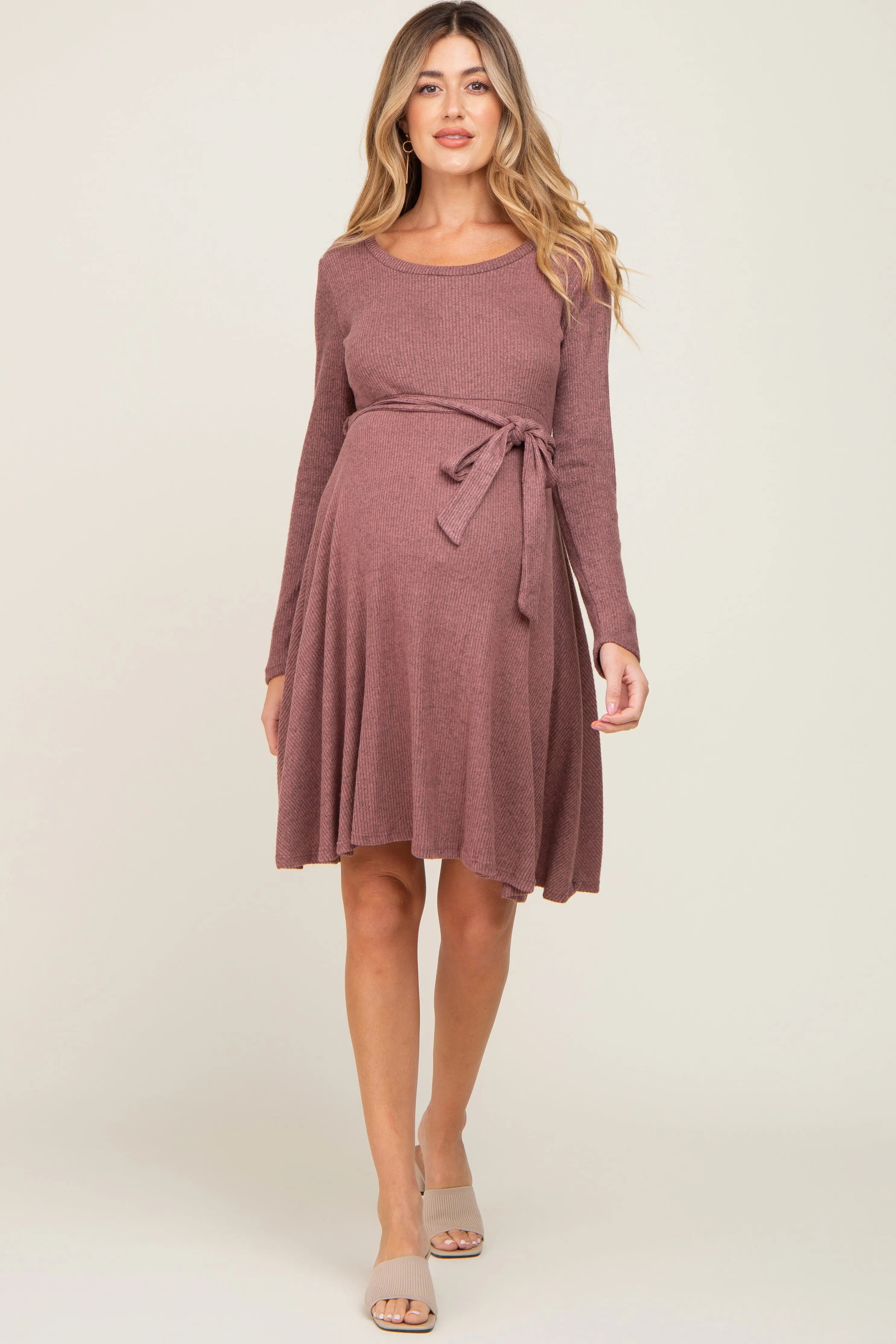 Mauve Soft Rib Knit Sash Tie Maternity Dress PinkBlush