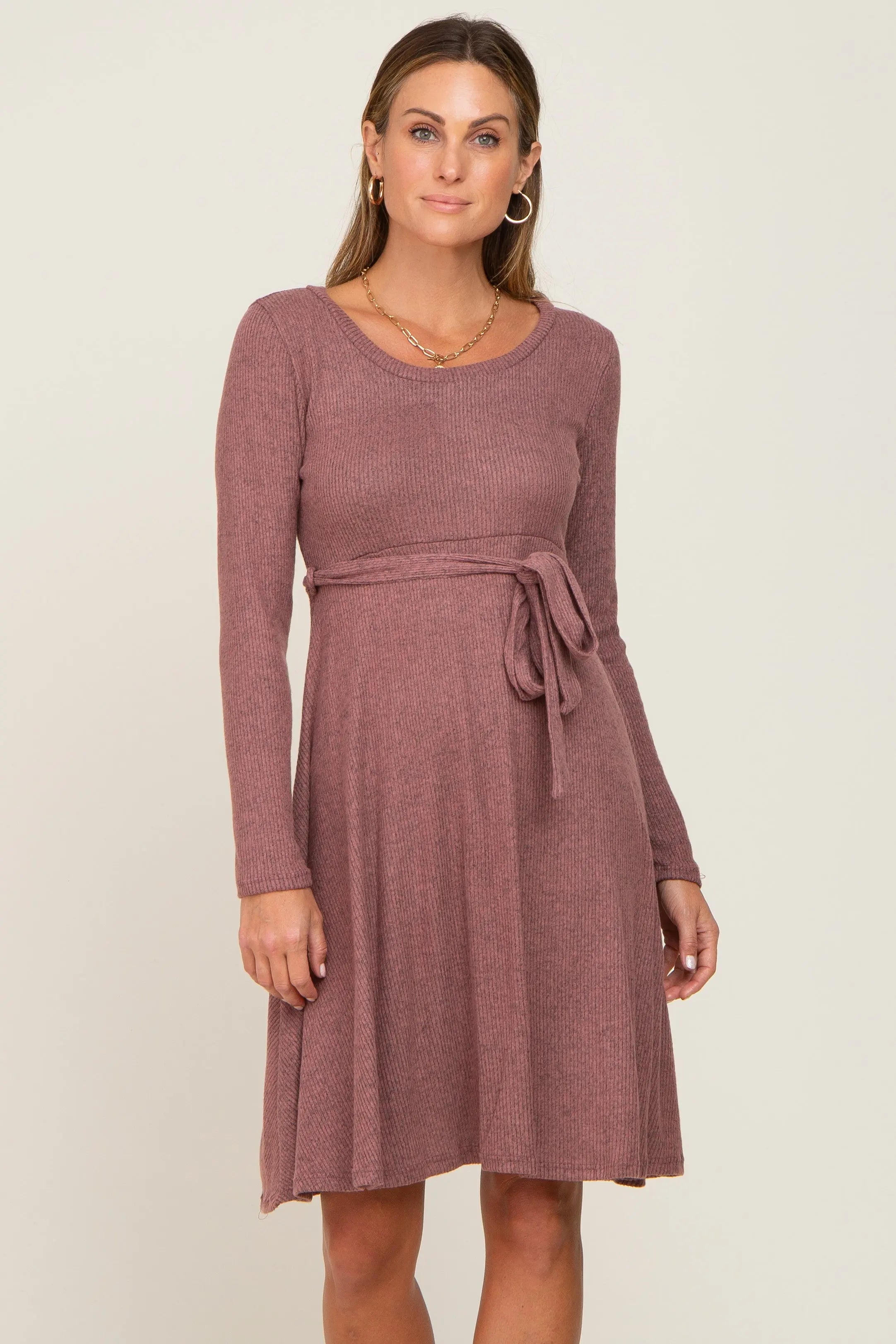 Mauve Soft Rib Knit Sash Tie Dress PinkBlush