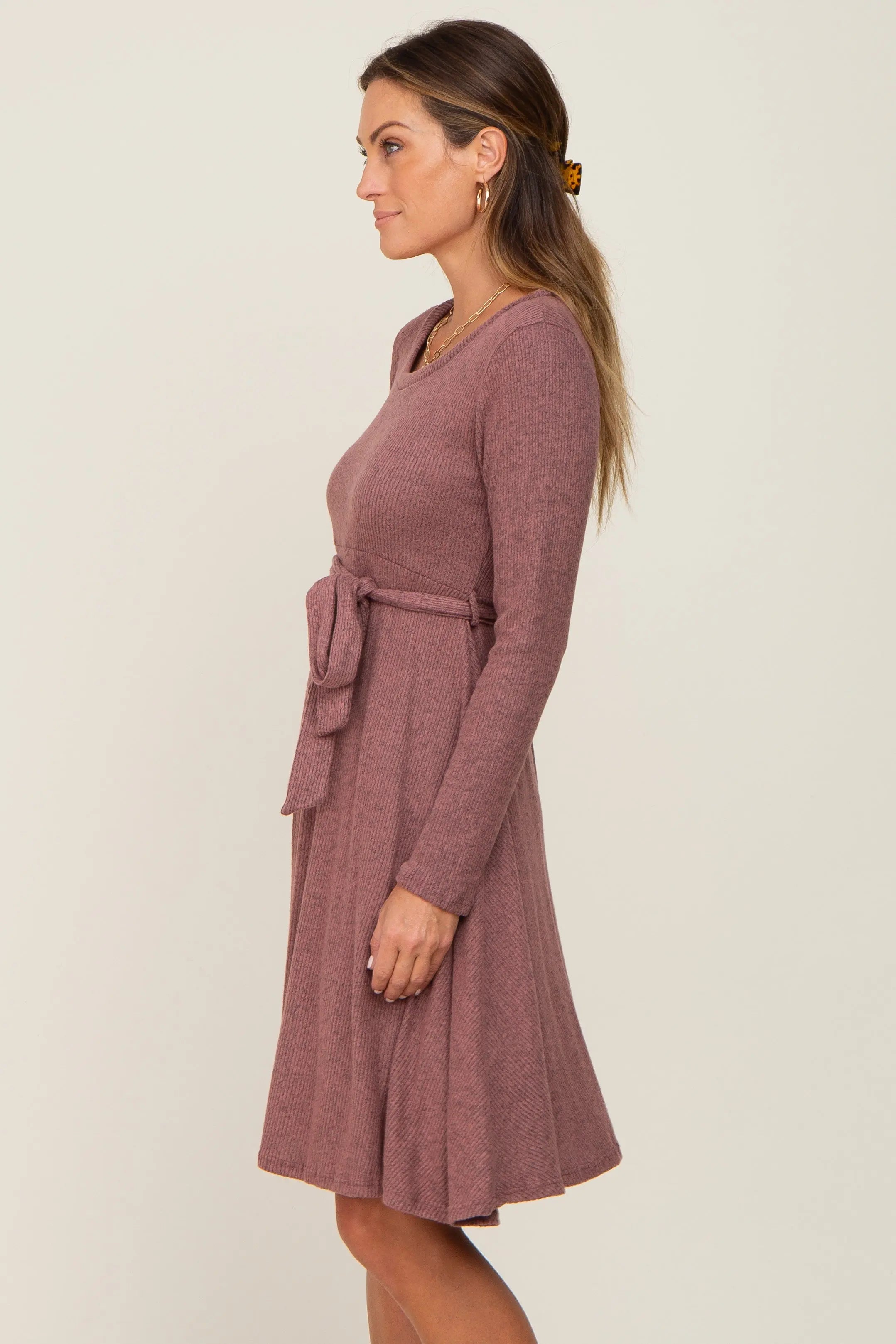 Mauve Soft Rib Knit Sash Tie Dress PinkBlush