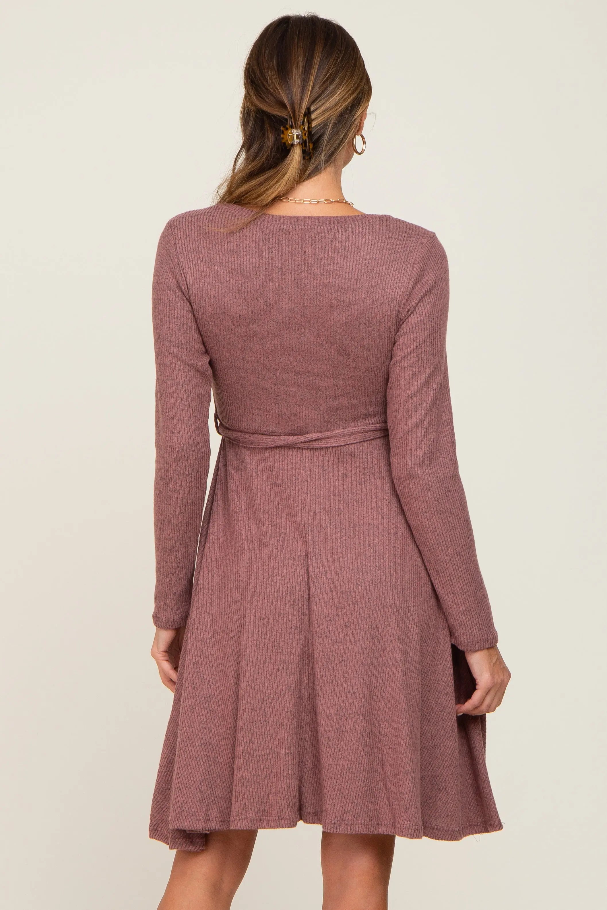 Mauve Soft Rib Knit Sash Tie Dress PinkBlush