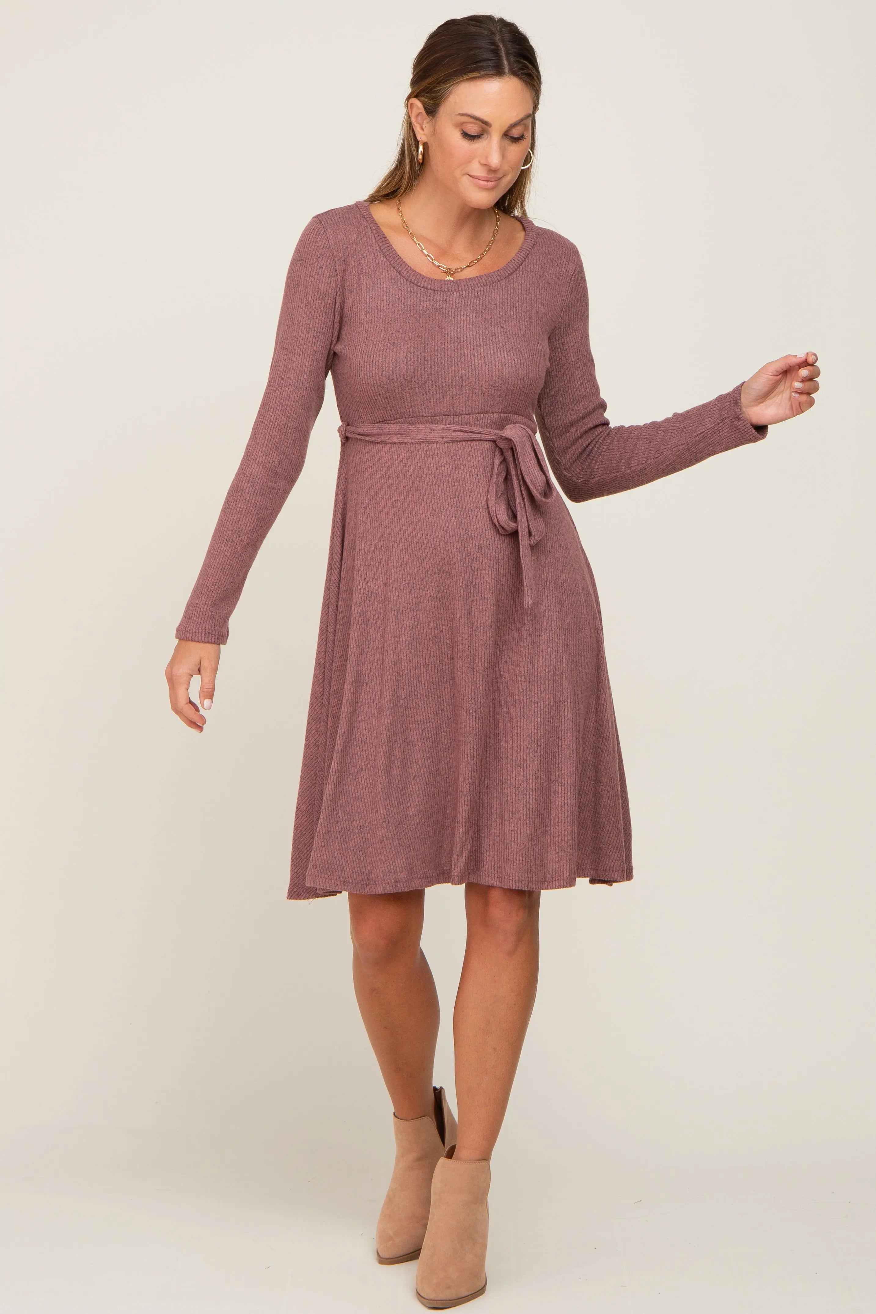 Mauve Soft Rib Knit Sash Tie Dress PinkBlush
