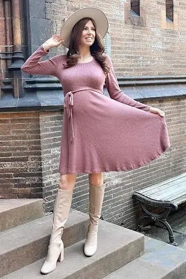 Mauve Soft Rib Knit Sash Tie Dress PinkBlush