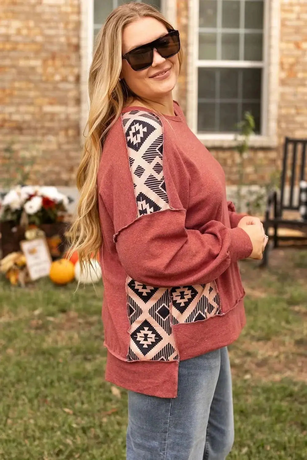 Plus Size Geometric Round Neck Long Sleeve Sweatshirt - Love Salve 