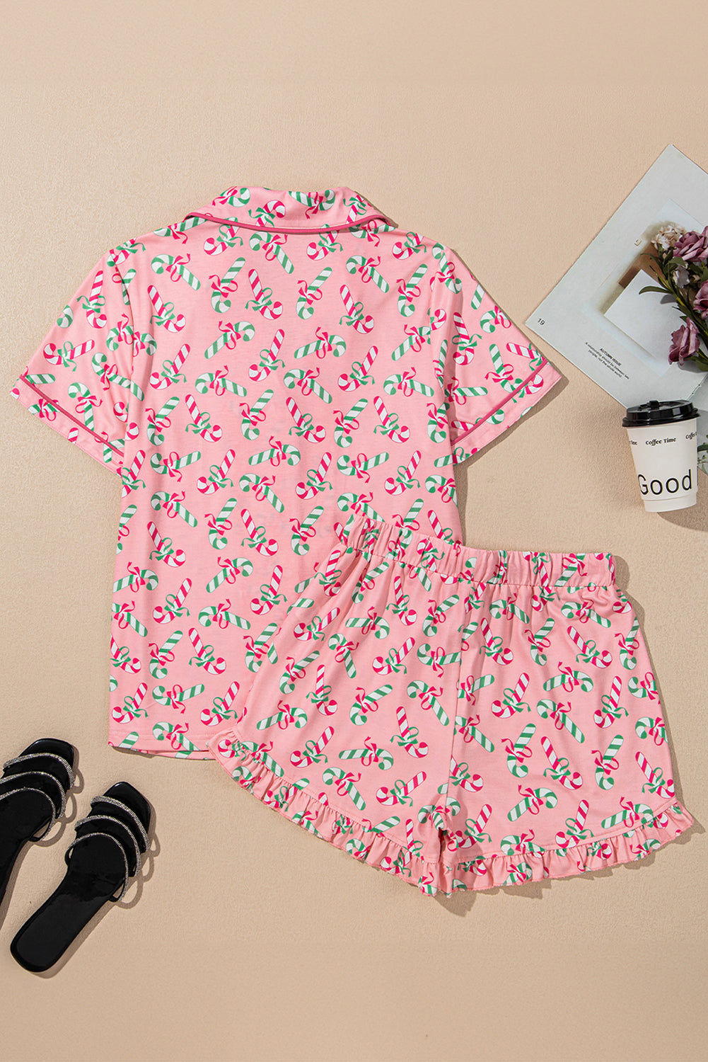 Festive pink candy cane print knotted pajama set with pockets