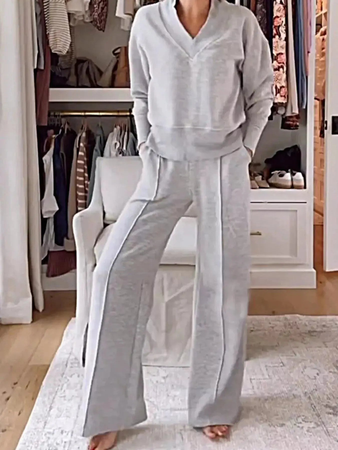 Full Size Cozy V-Neck Top and Pants Set Plus Size Simply Love
