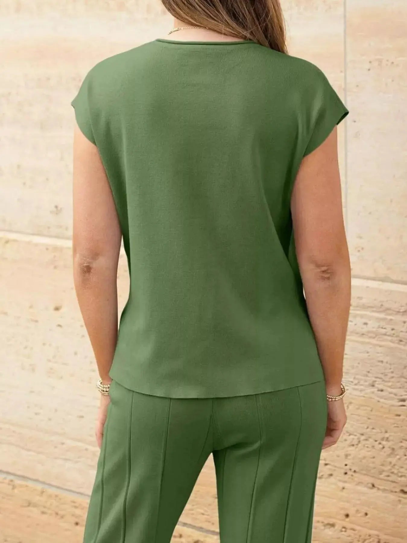 Casual Solid Color Cap Sleeve Top and Pants Knit Set Simply Love