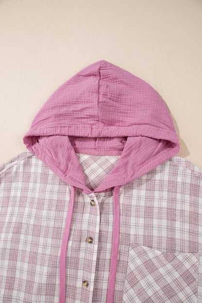 Cozy chic plaid button-up shirt with drawstring hood in plus sizes