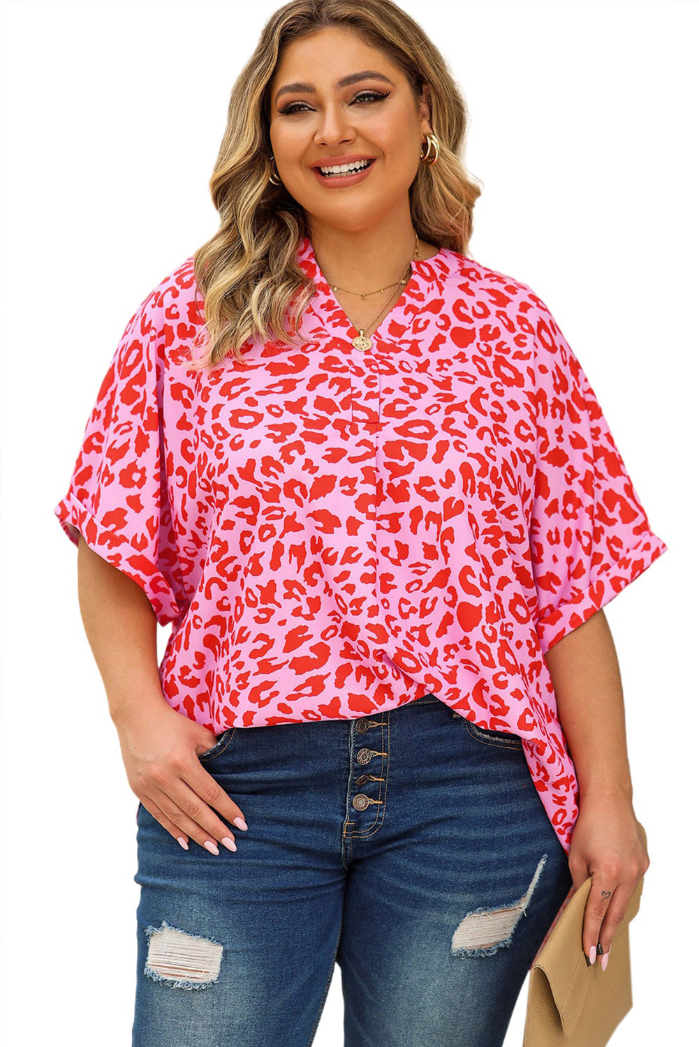 Plus Size Printed Notched Neck Half Sleeve Top Coco’s Tee Boutique