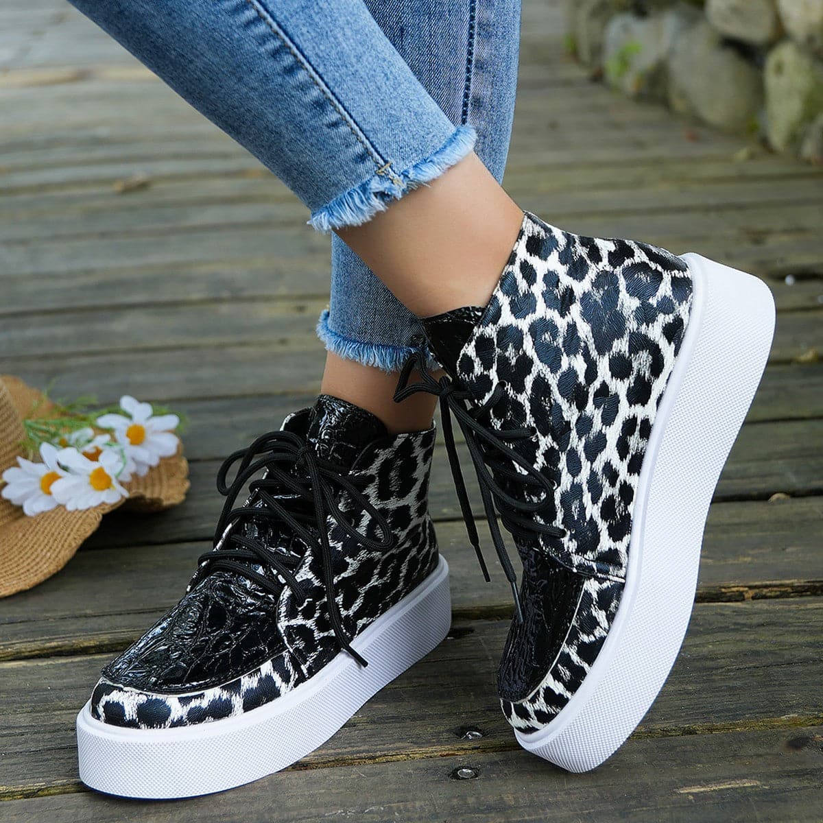 PU Leather Leopard Platform Sneakers.