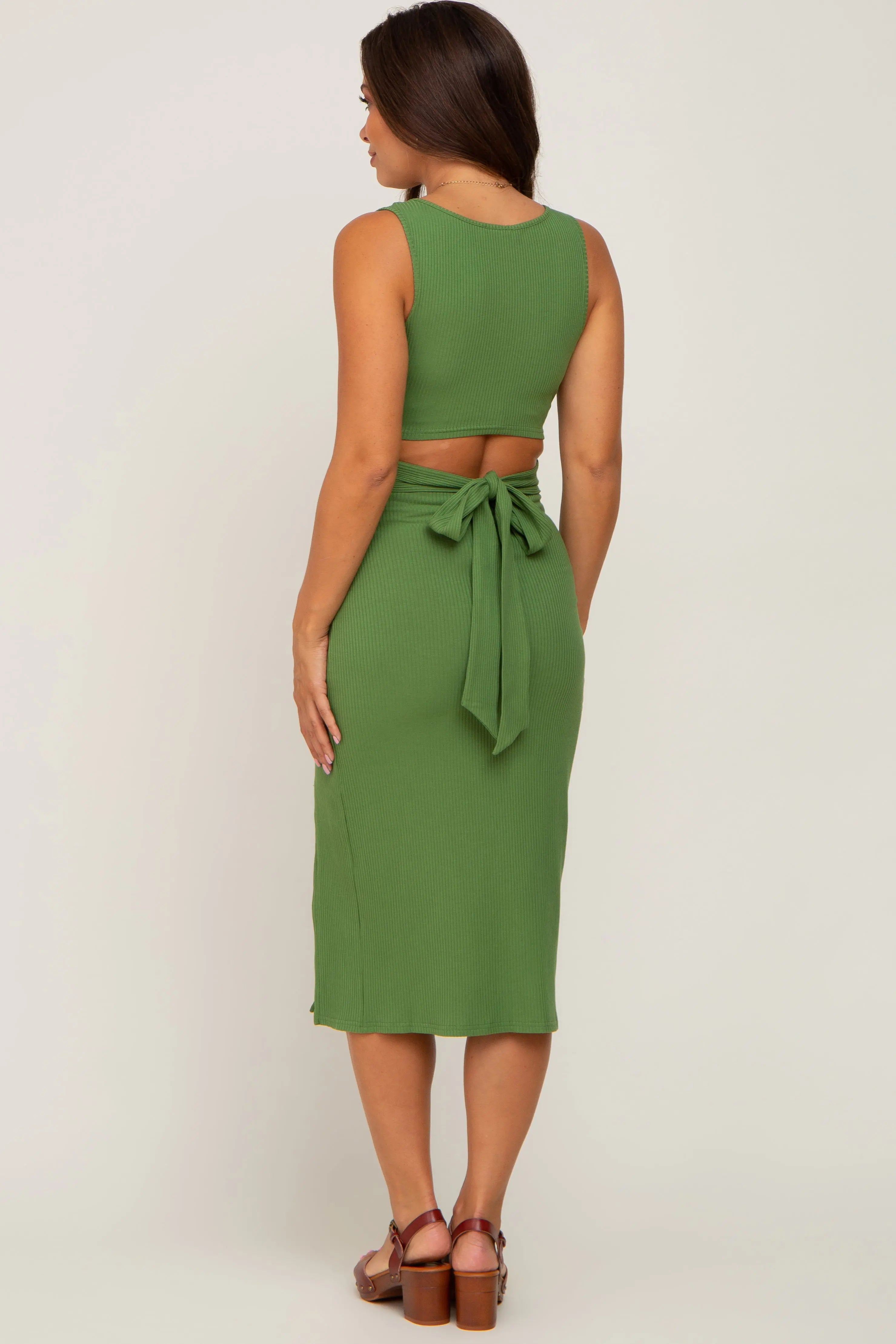 Olive Ribbed Maternity Midi Dress With Back Cutout And Slit Scoop Neckline PinkBlush