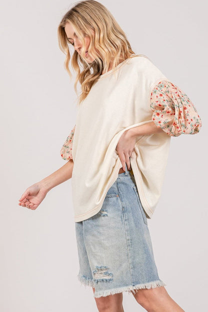 SAGE + FIG Round Neck Bubble Sleeve Oversize Top.