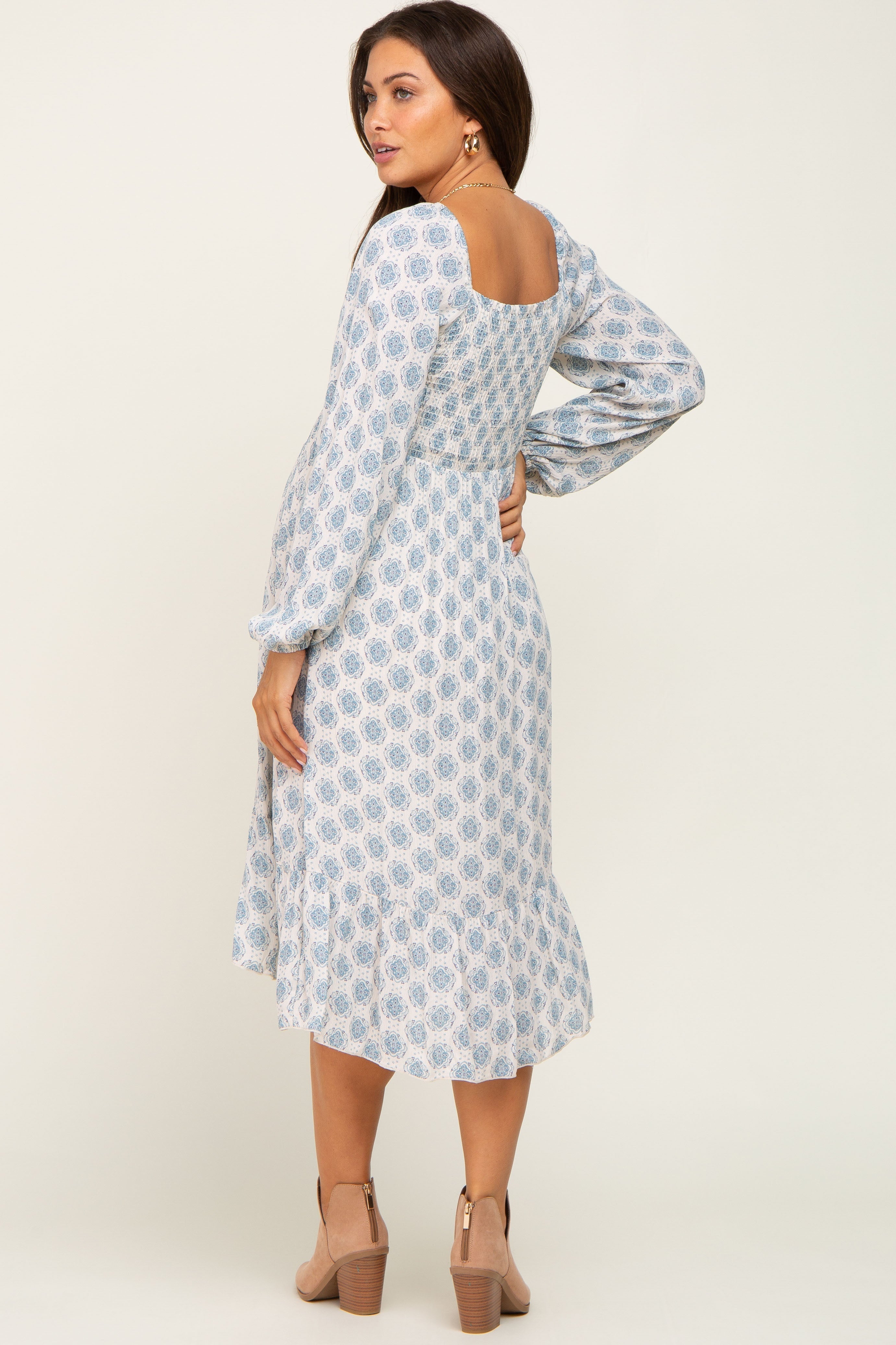 Blue Printed Cinched Maternity Midi Dress PinkBlush