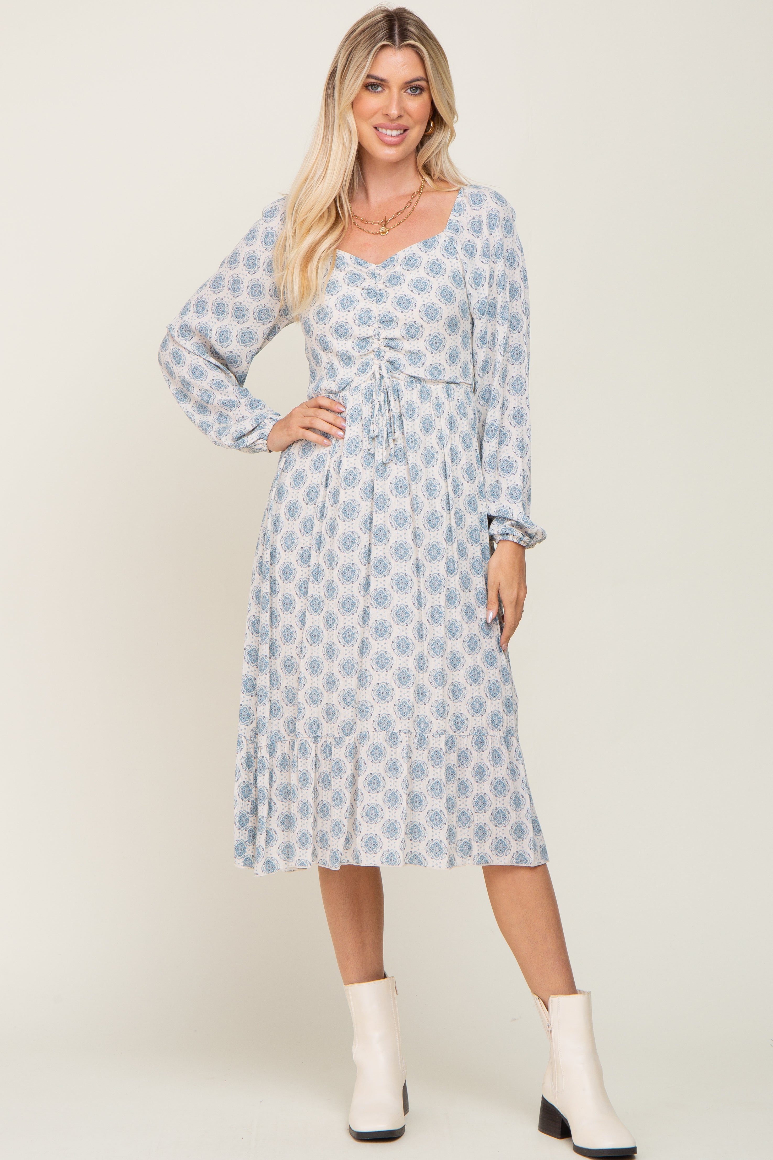 Blue Printed Cinched Maternity Midi Dress PinkBlush