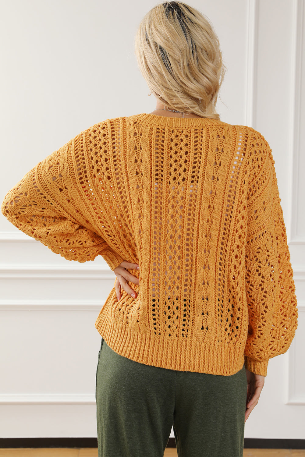 Chic yellow cable knit sweater with hollow-out design and drop shoulders