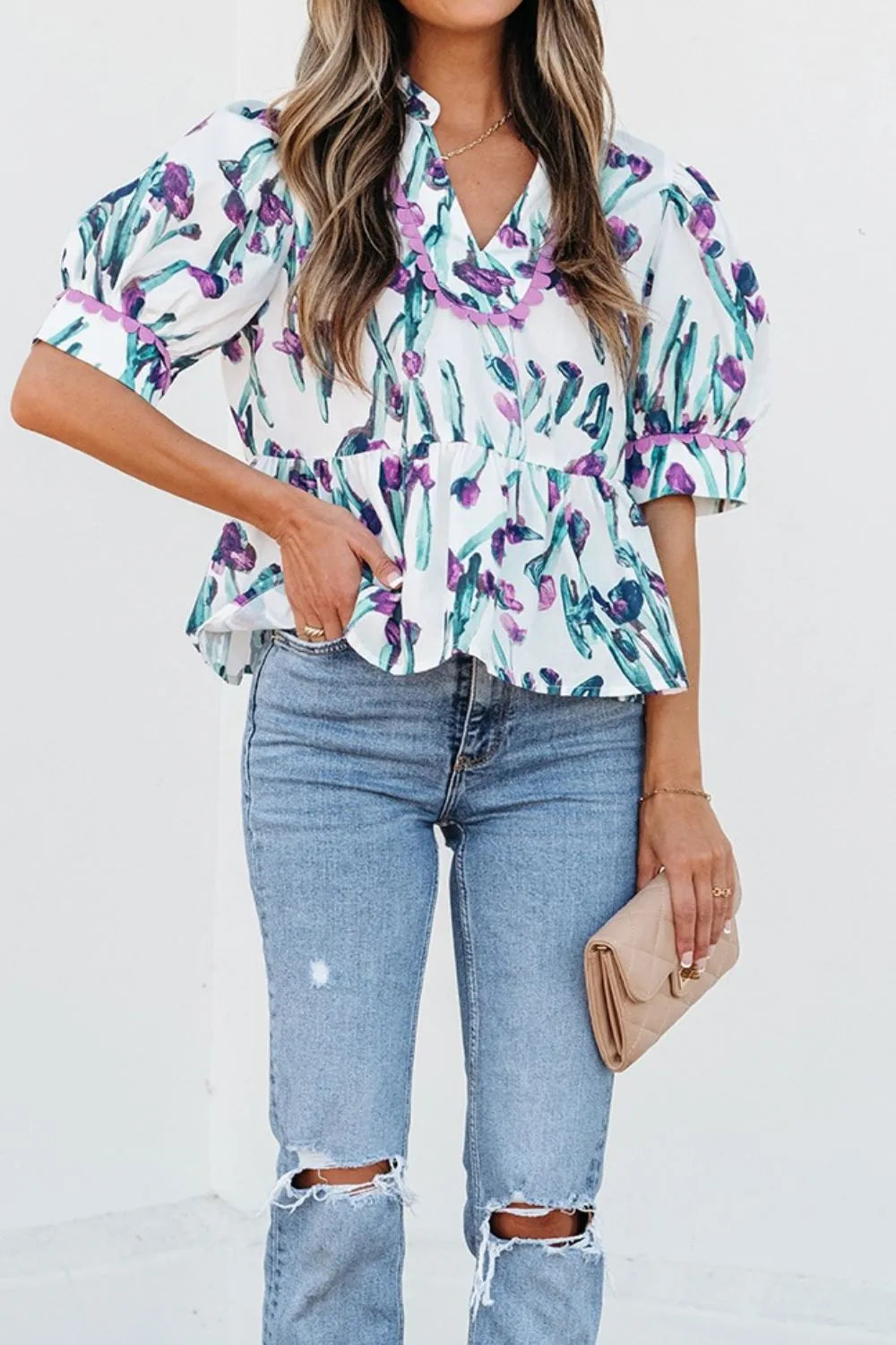 Floral Ricrac Trim Half Sleeve Peplum Top