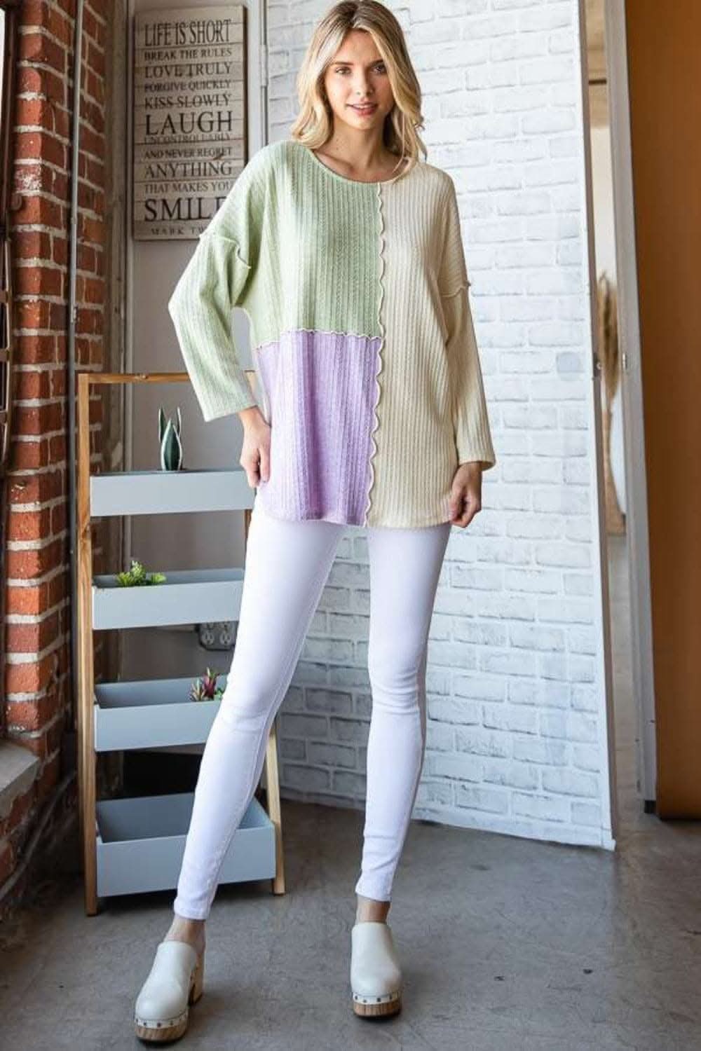 Culture Code Color Block Round Neck Dropped Shoulder Blouse - Love Salve 