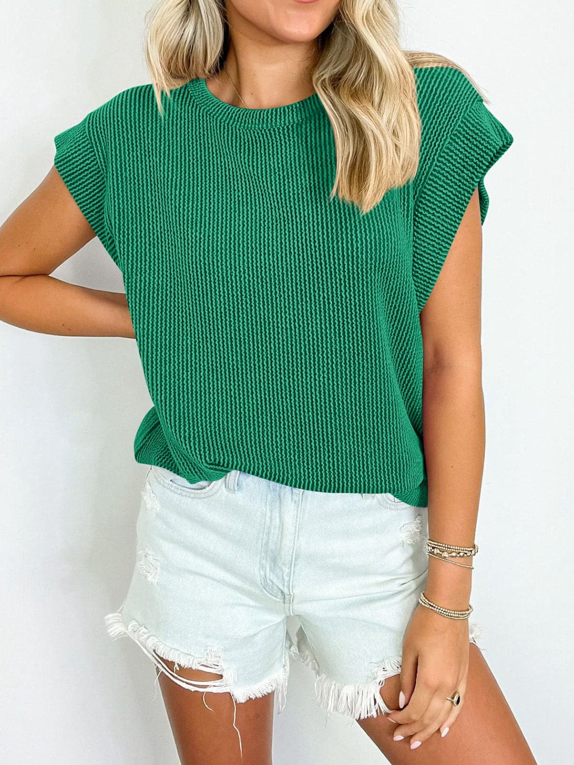 Textured Round Neck Cap Sleeve Blouse.