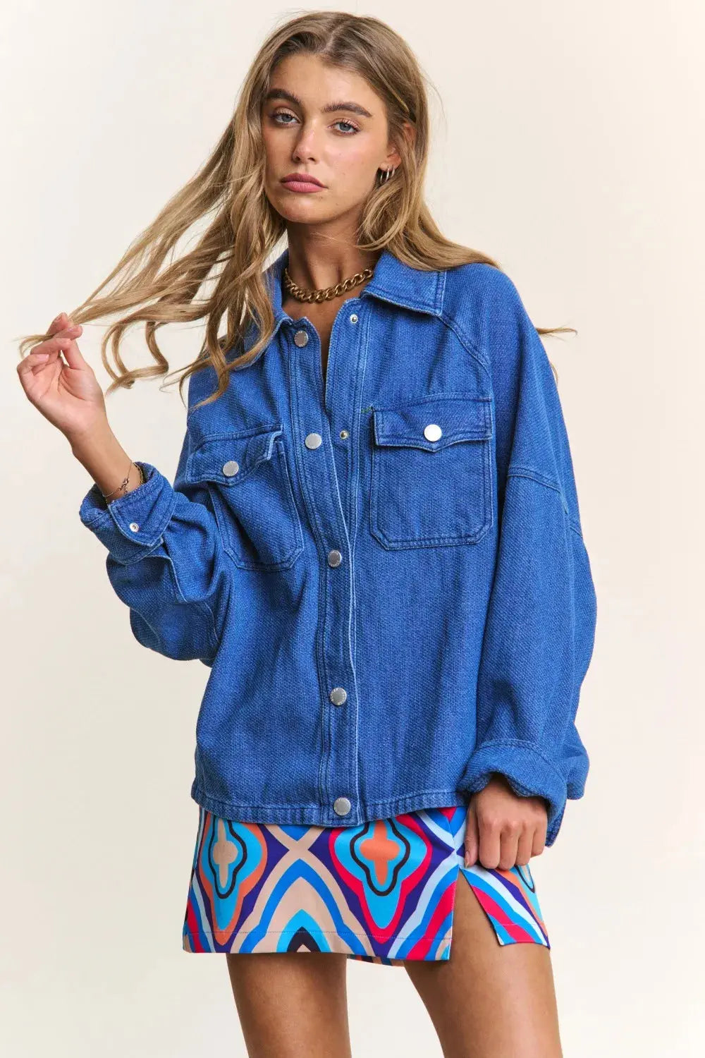 J.NNA Snap Down Long Sleeve Denim Shacket for Women - Love Salve 