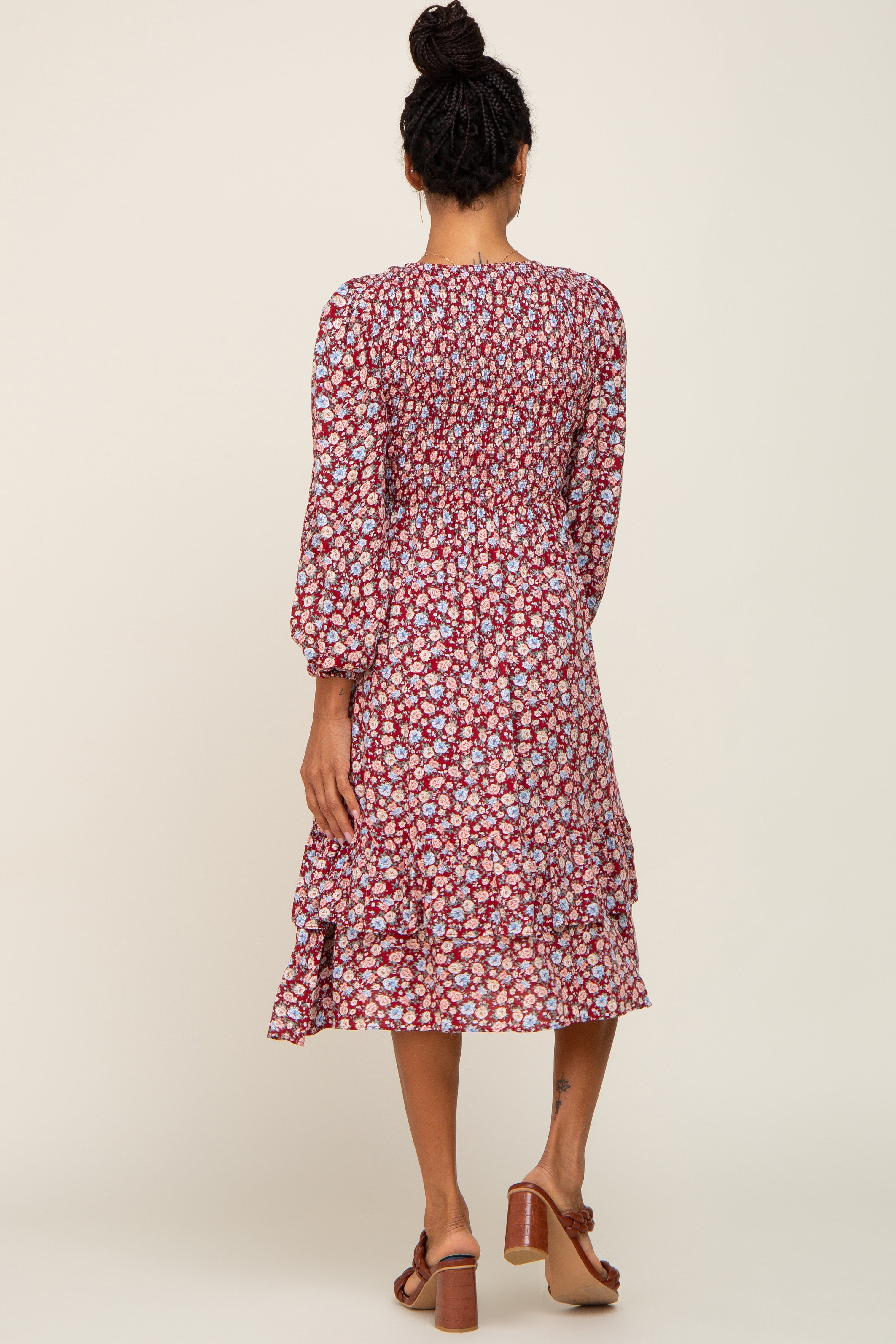 Burgundy Floral Smocked Long Sleeve Midi Dress PinkBlush