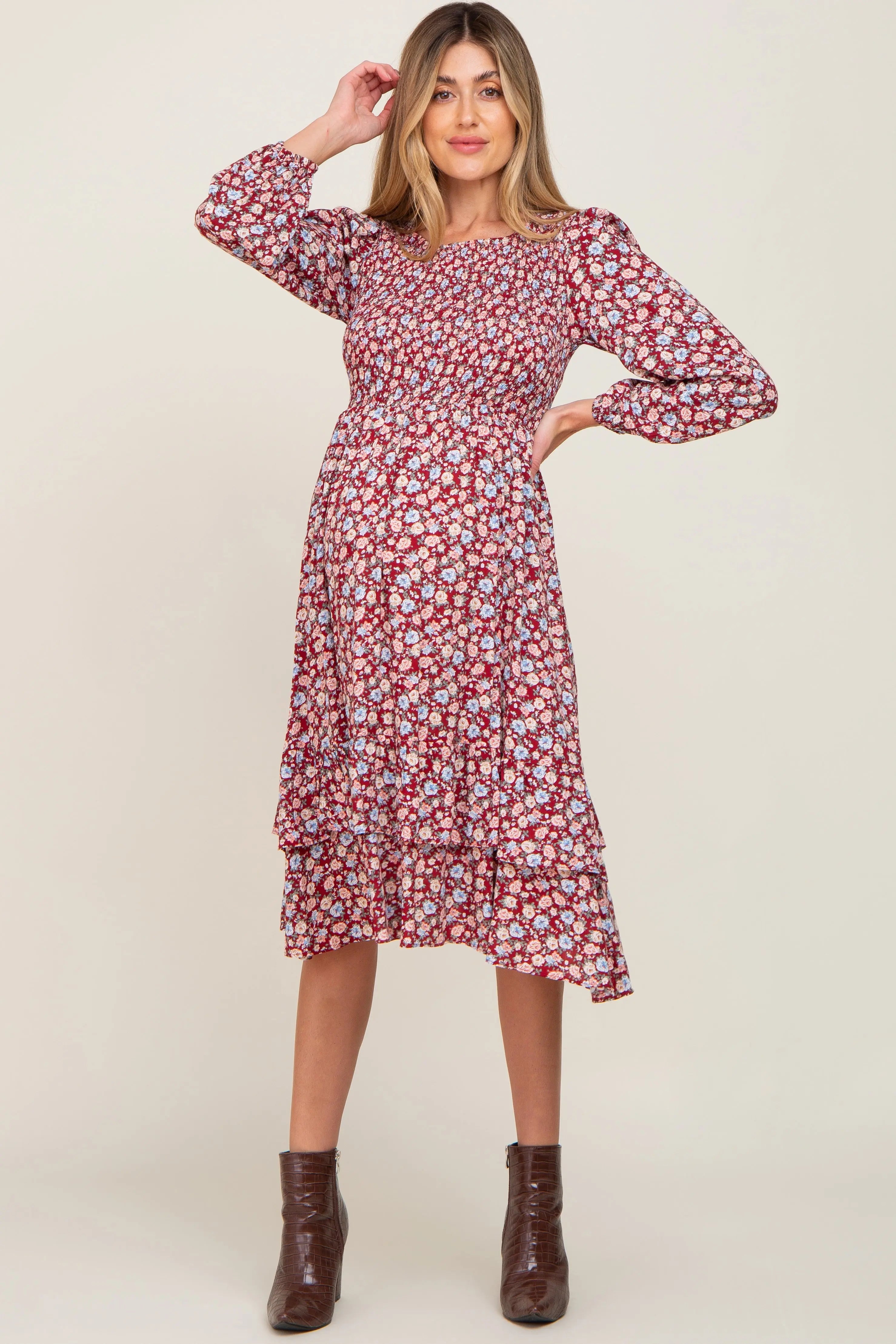 Burgundy Floral Smocked Long Sleeve Maternity Midi Dress PinkBlush