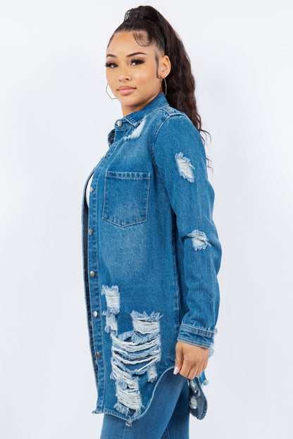 Distressed denim button-up jacket