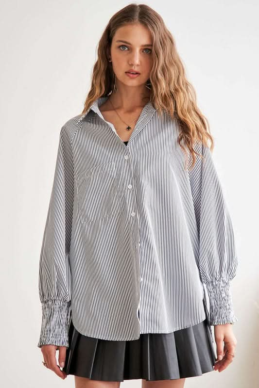 Trendy High-Low Striped Button-Up Shirt with Smocked Lantern Sleeves