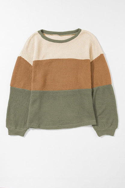 Waffle-Knit Color Block Round Neck Long Sleeve Blouse.