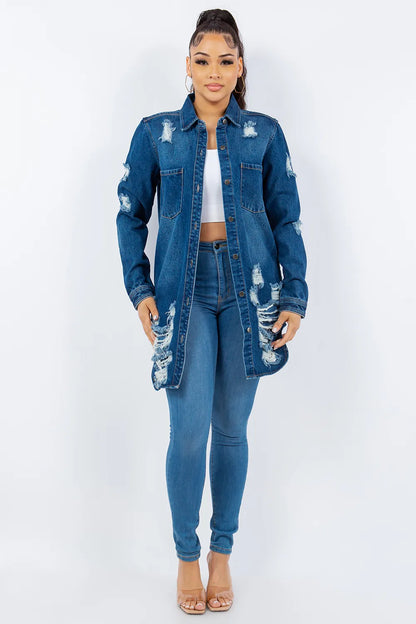 American Bazi Distressed Button Up Long Sleeve Denim Jacket - Love Salve 