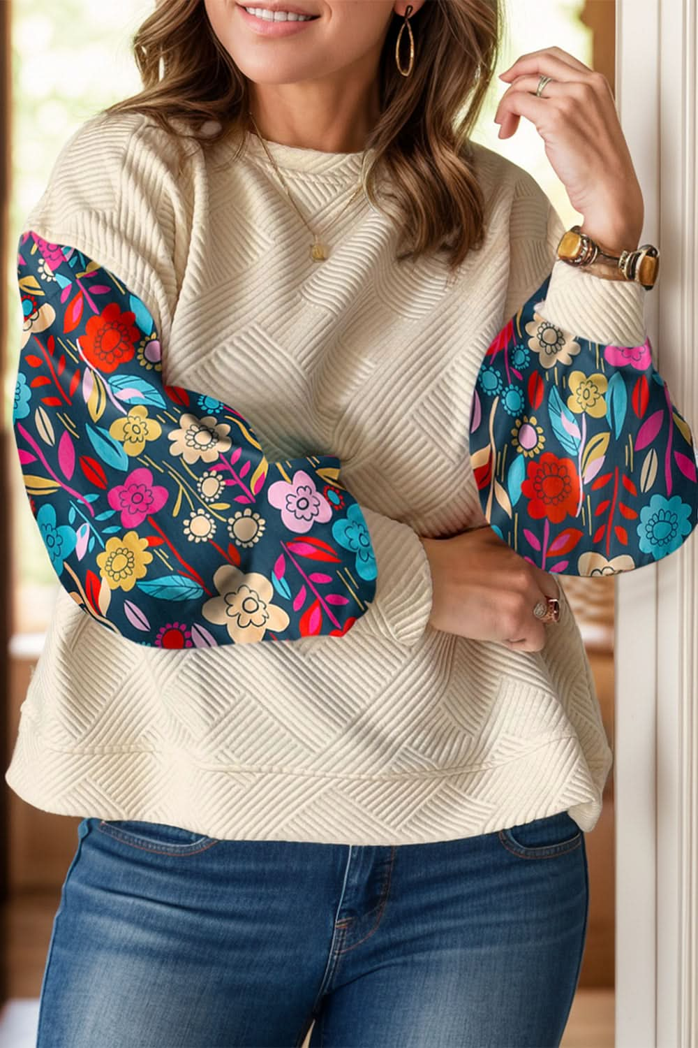 Curvy Chic Textured Print Long Sleeve Blouse with Round Neck