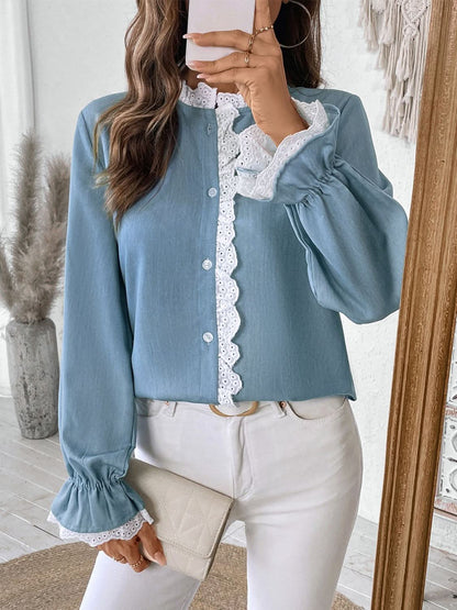 Lace-Embellished Button-Up Long Sleeve Blouse