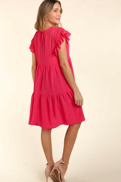 Haptics Full Size Smocking Ruffle Short Sleeve Dress with Pockets.