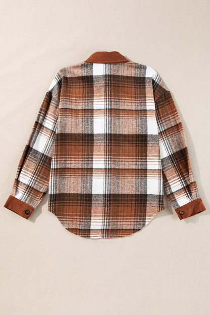 Cinnamon corduroy plaid shacket with chest pockets