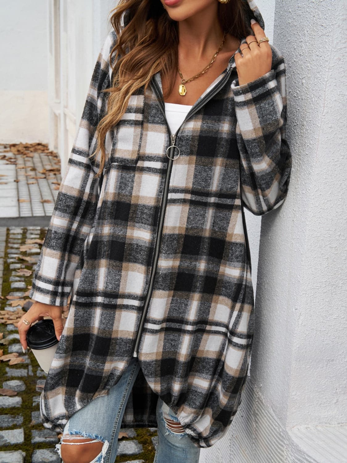 Plaid Zip Up Hooded Coat.