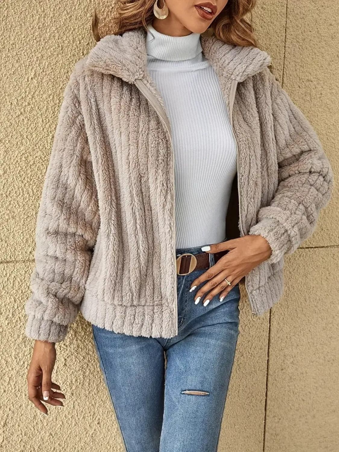 Plush Zip Up Long Sleeve Jacket.